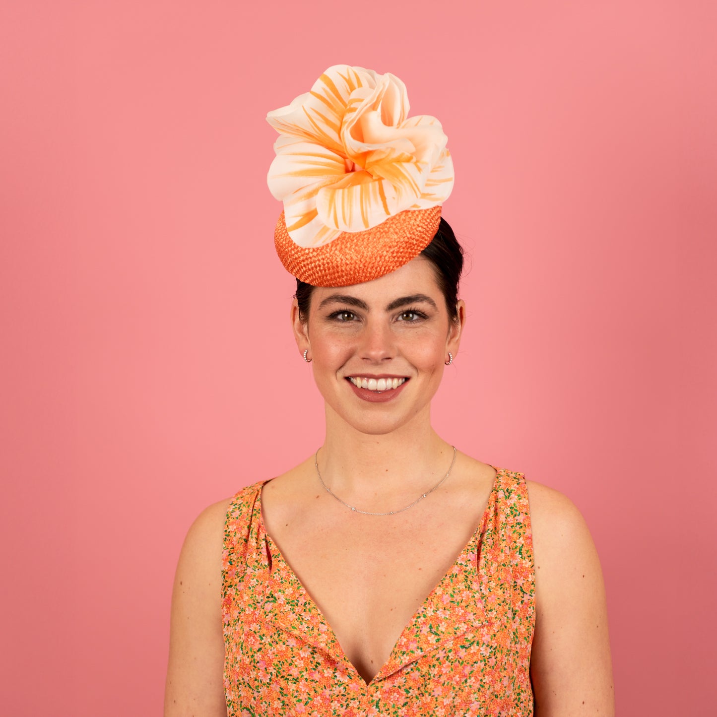 Penelope Button Beret in Straw with Silk Poppy Flowers in Orange