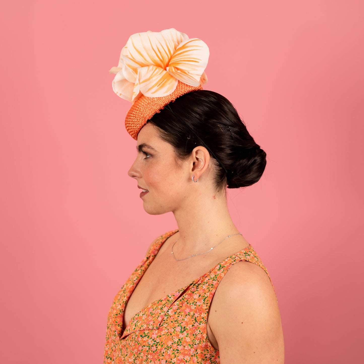 Penelope Button Beret in Straw with Silk Poppy Flowers in Orange