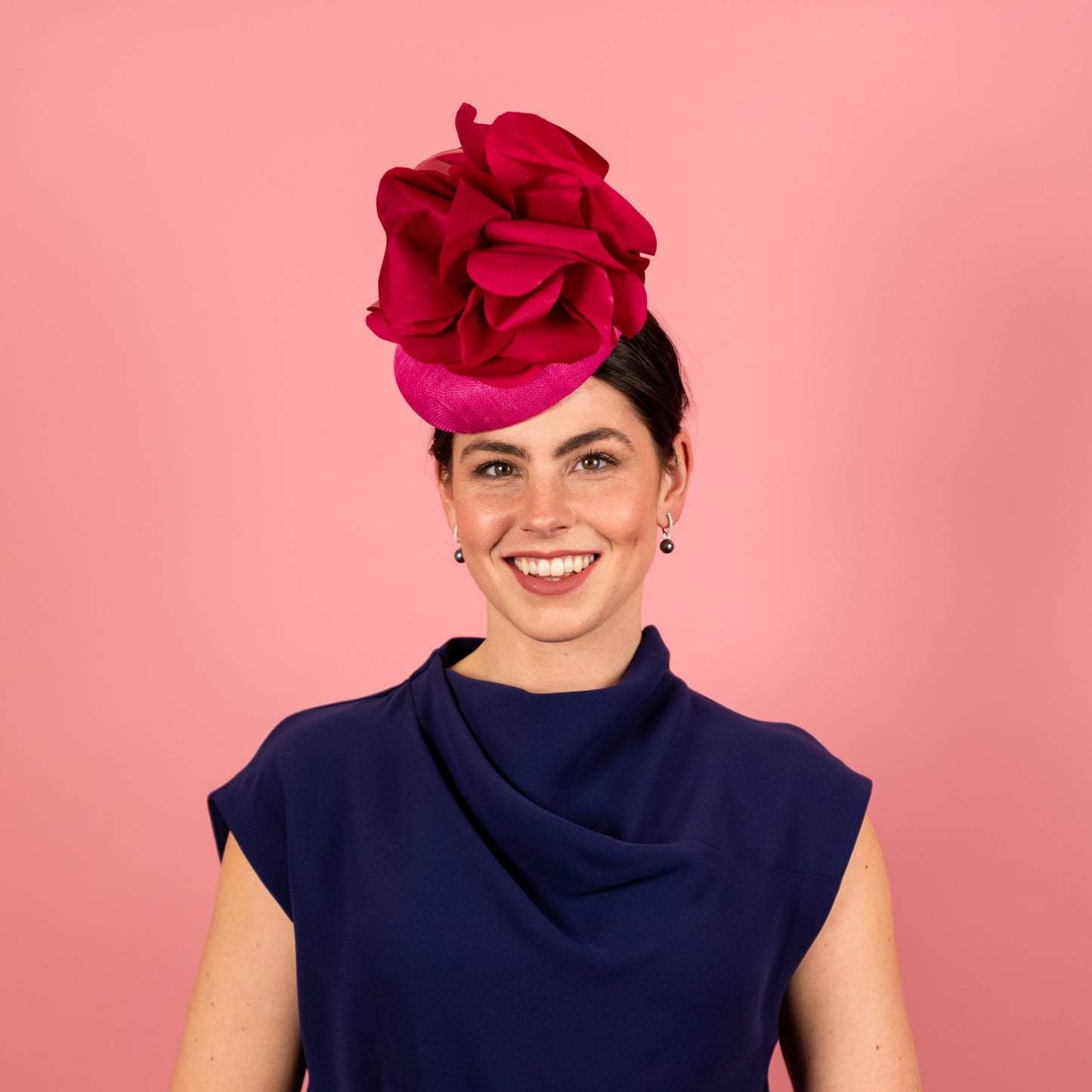 Penelope Button Beret in Straw with Silk Poppy Flowers in Magenta Pink