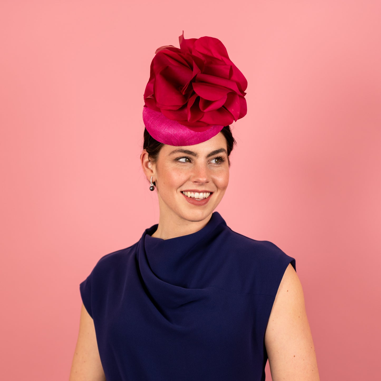 Penelope Button Beret in Straw with Silk Poppy Flowers in Magenta Pink