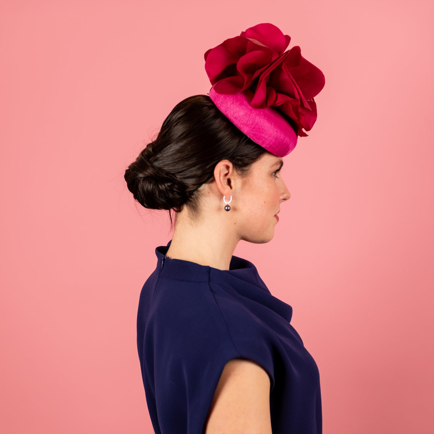 Penelope Button Beret in Straw with Silk Poppy Flowers in Magenta Pink