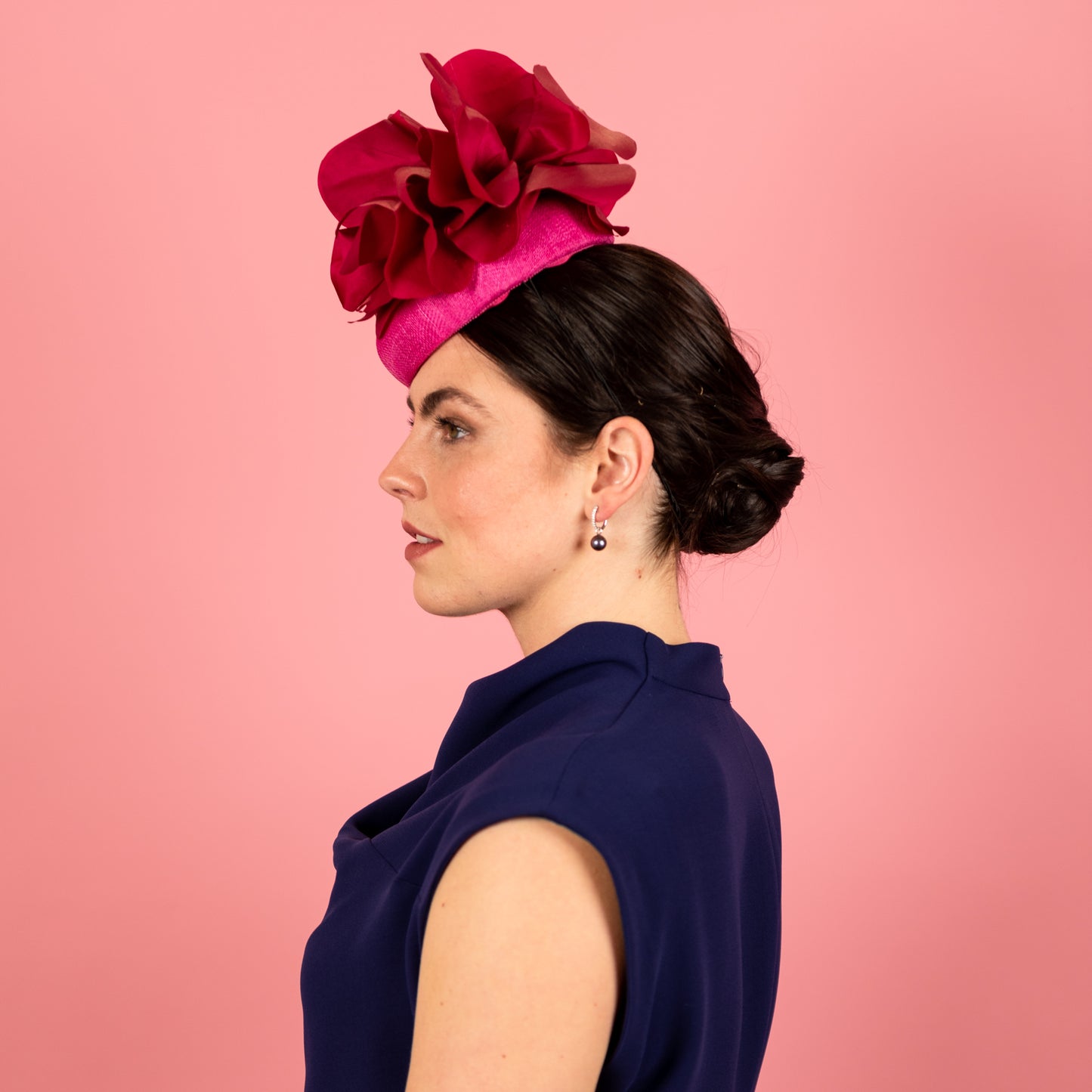 Penelope Button Beret in Straw with Silk Poppy Flowers in Magenta Pink