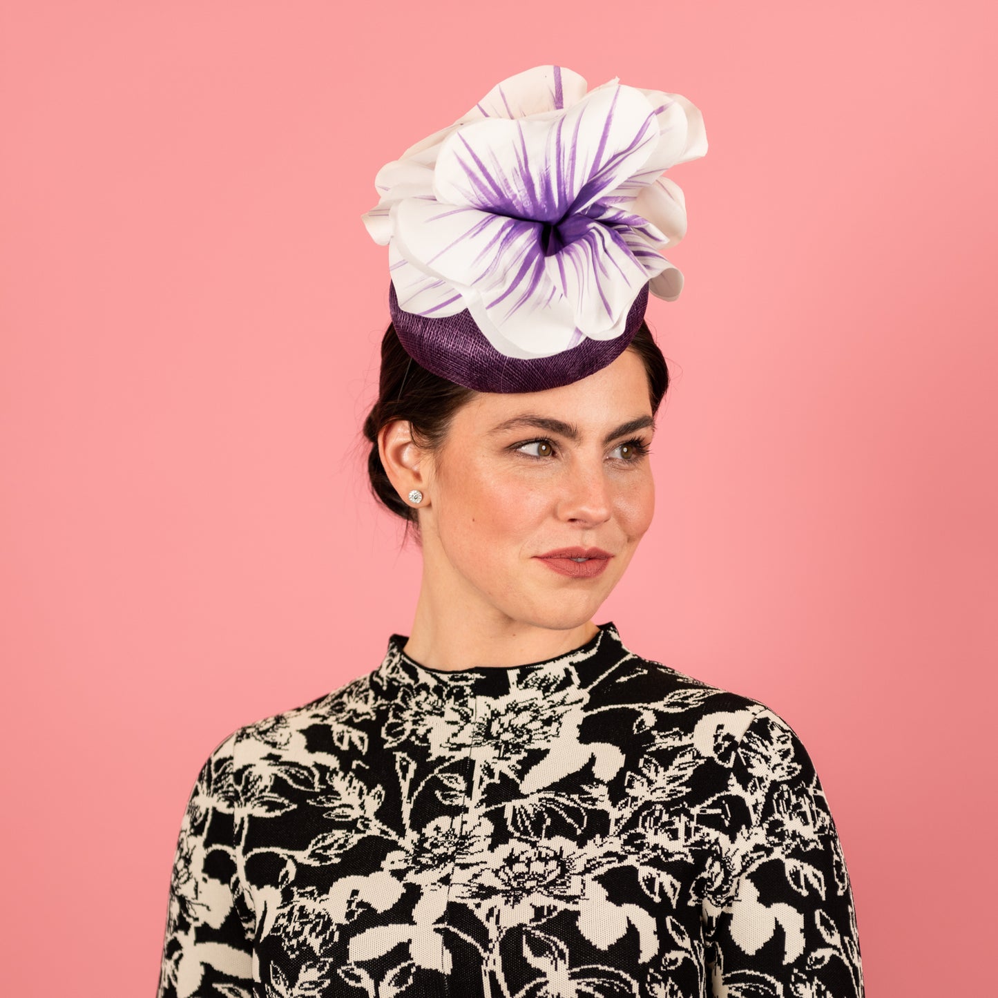 Penelope Button Beret in Straw with Silk Poppy Flowers in Purple