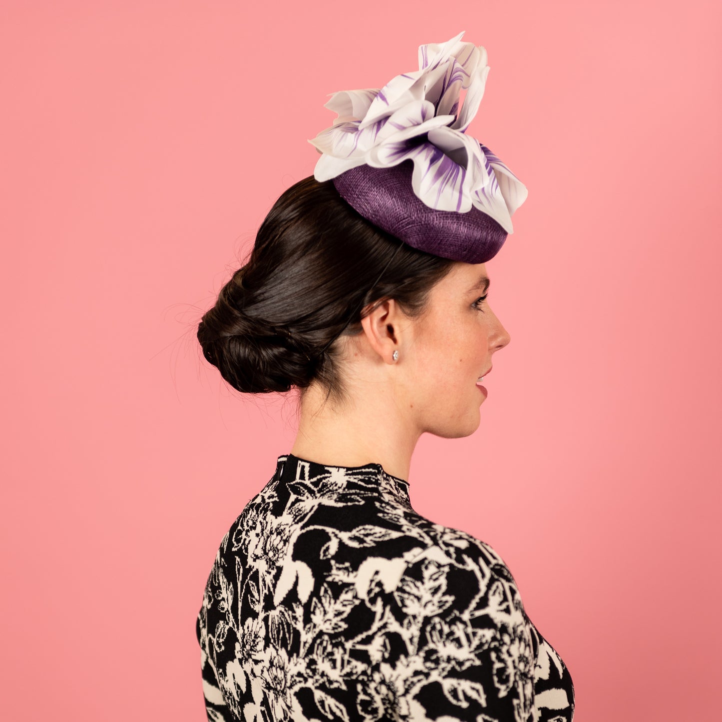Penelope Button Beret in Straw with Silk Poppy Flowers in Purple