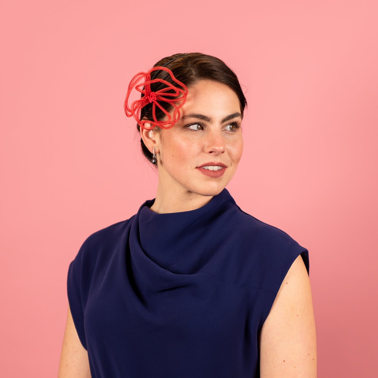 Kimberly Headband with Floating Wire Peony Flower in Red
