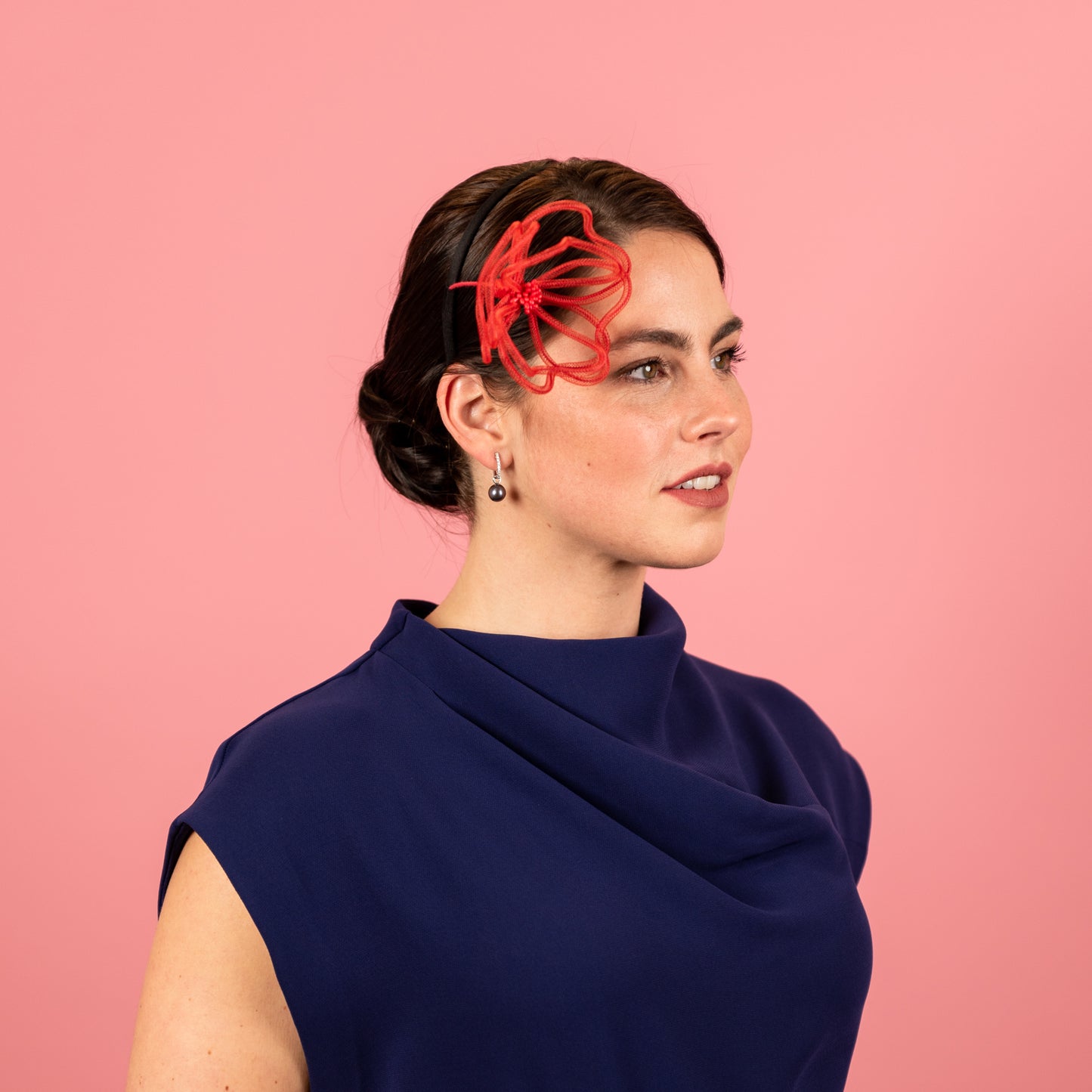 Kimberly Headband with Floating Wire Peony Flower in Red