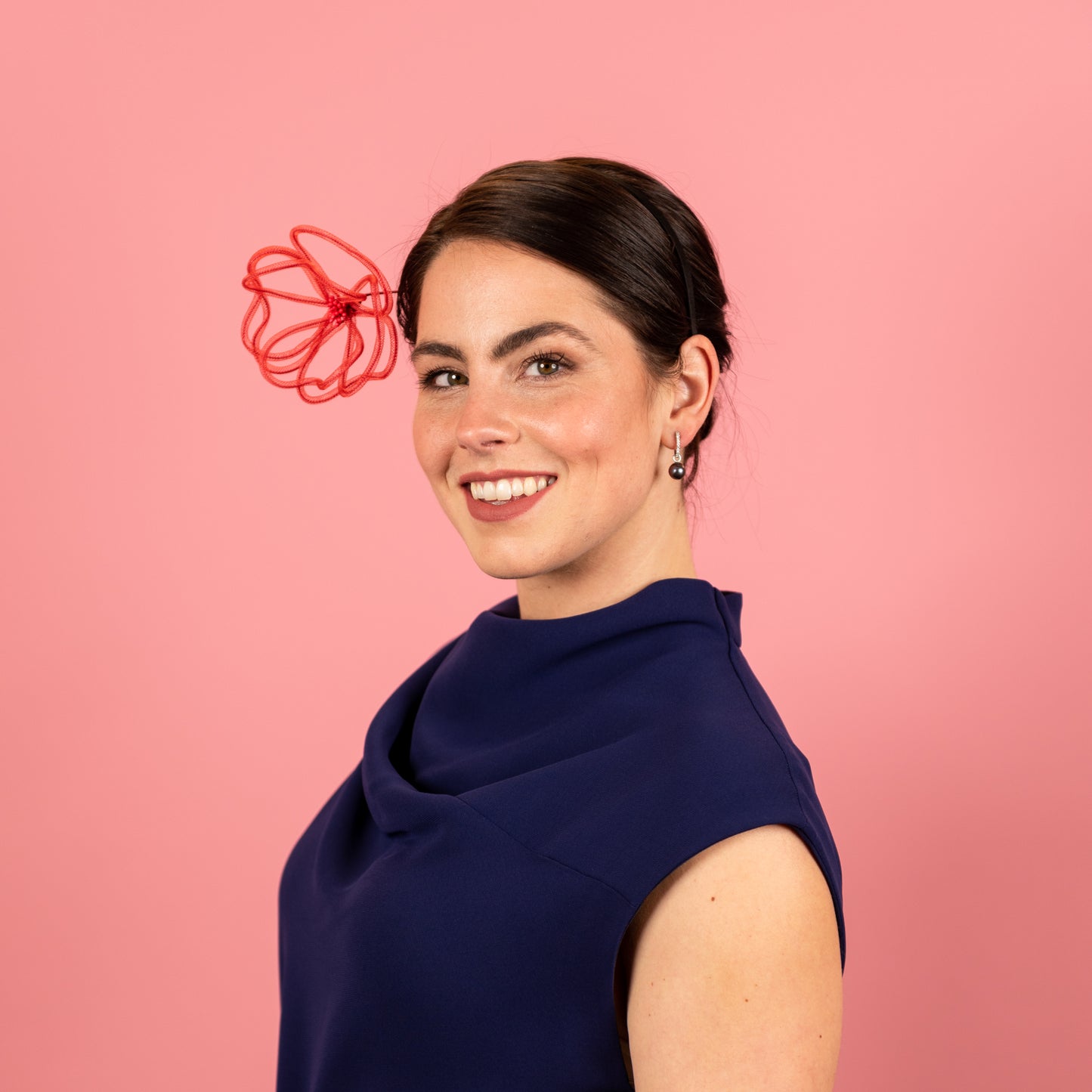 Kimberly Headband with Floating Wire Peony Flower in Red