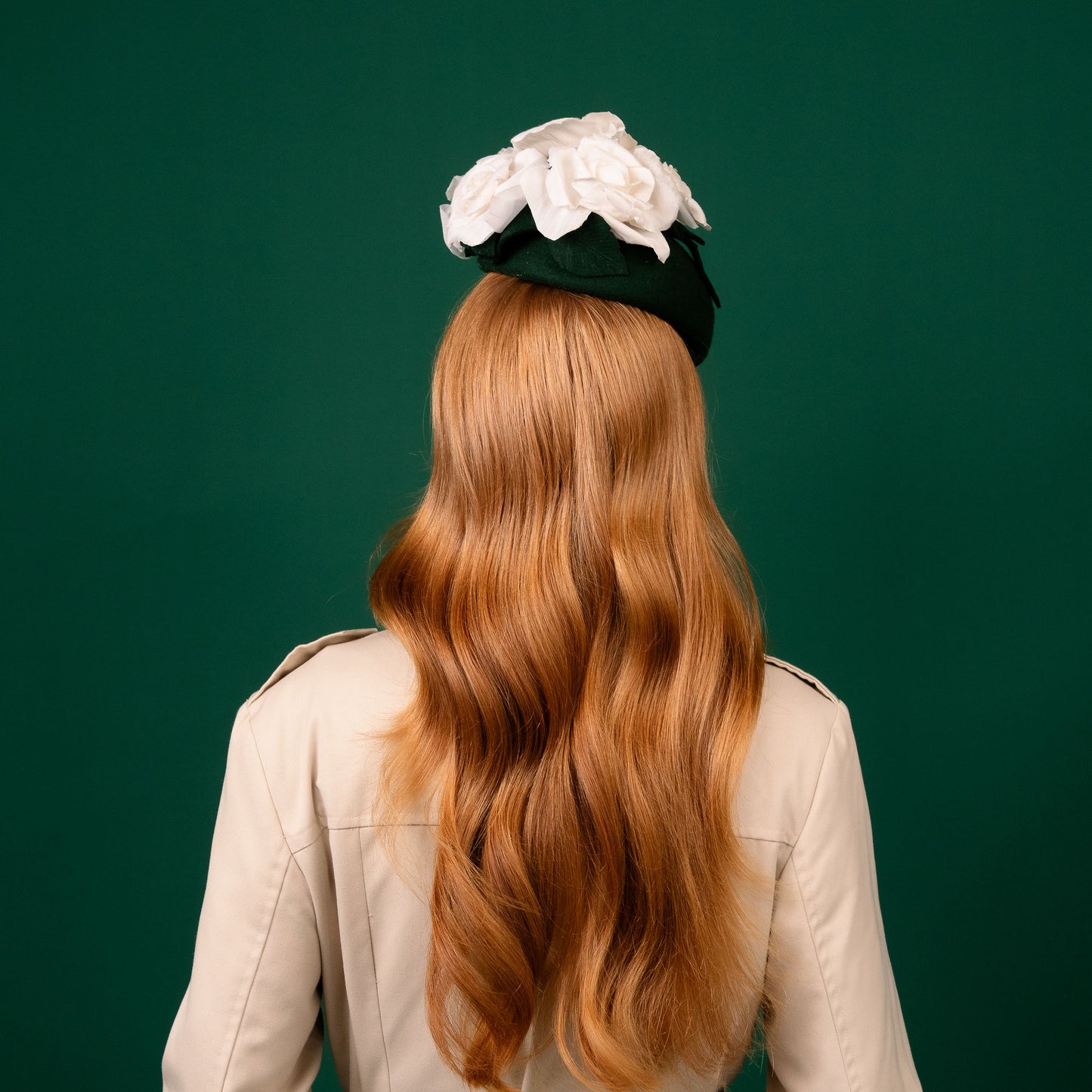 Rosewhite Green Felt Beret with Handmade Silk Rose Flowers Winter Racewear Headpiece