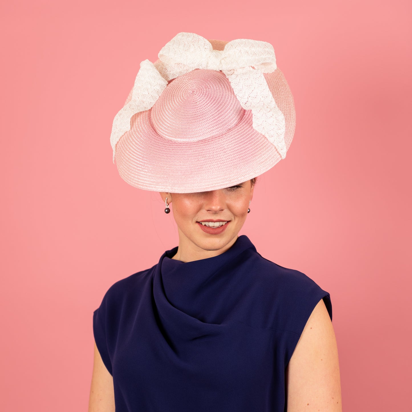 Sabine Hat in Pink Straw and White Bow