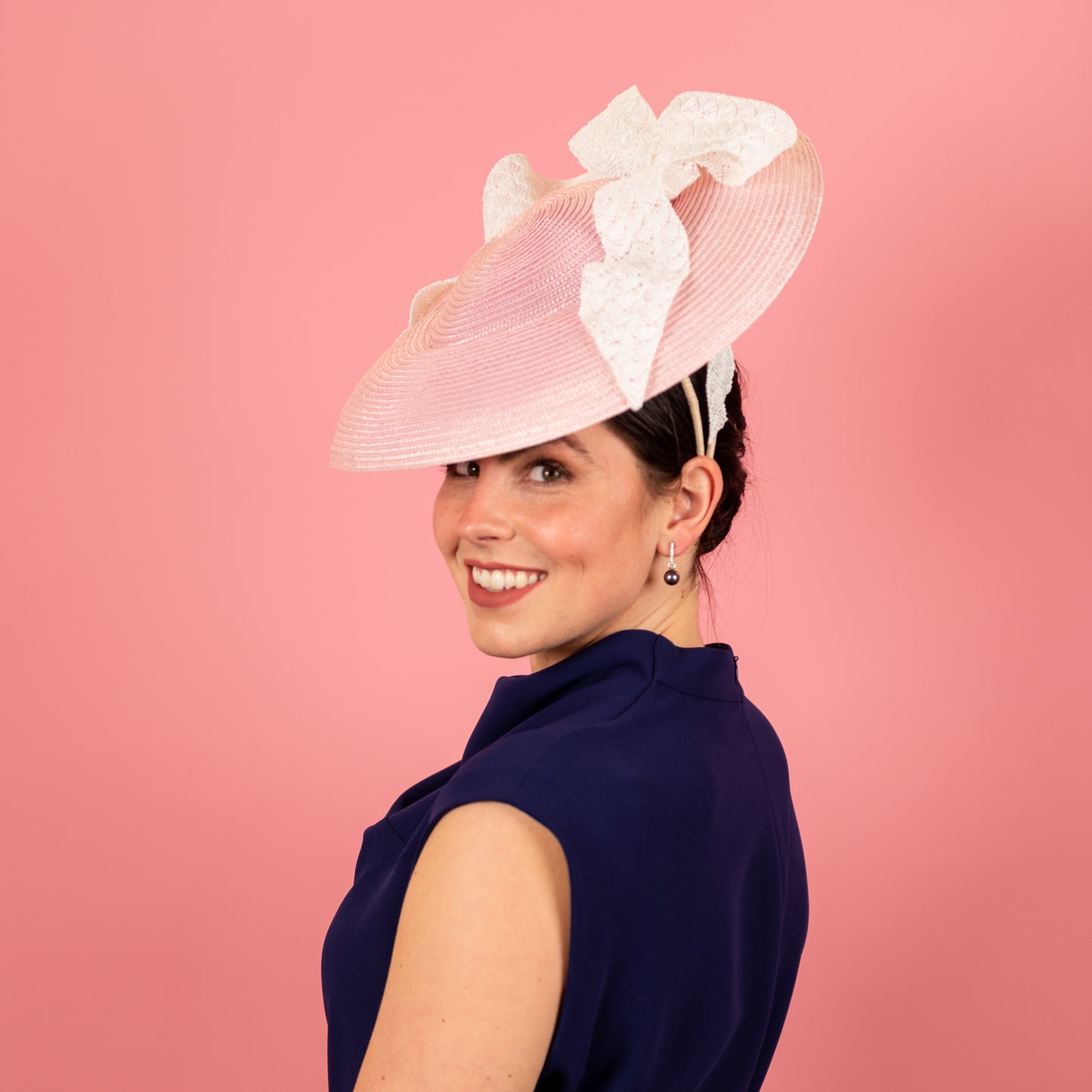 Sabine Hat in Pink Straw and White Bow