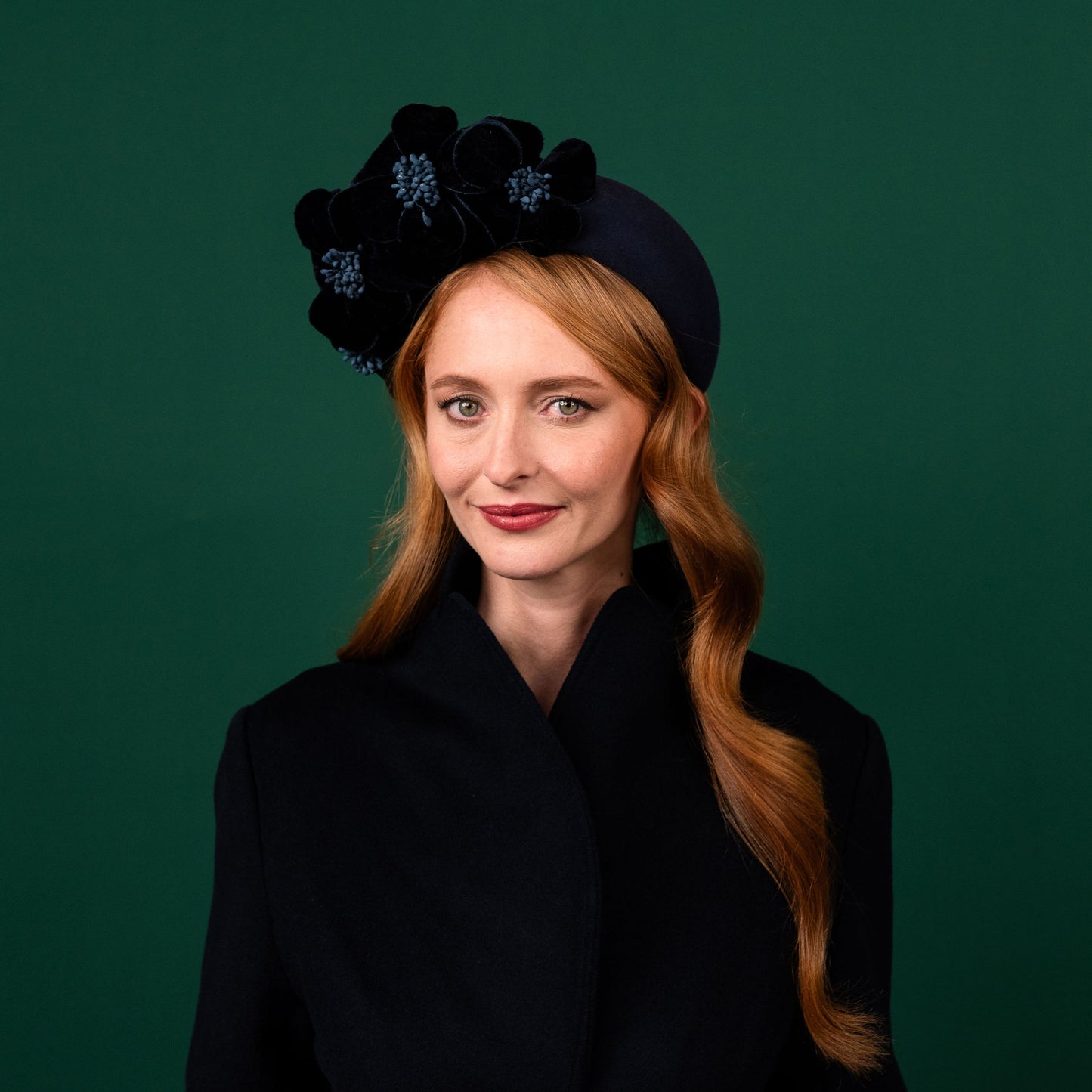 Thrums Navy Felt Headband with Velvet Flowers Winter Racewear Headpiece