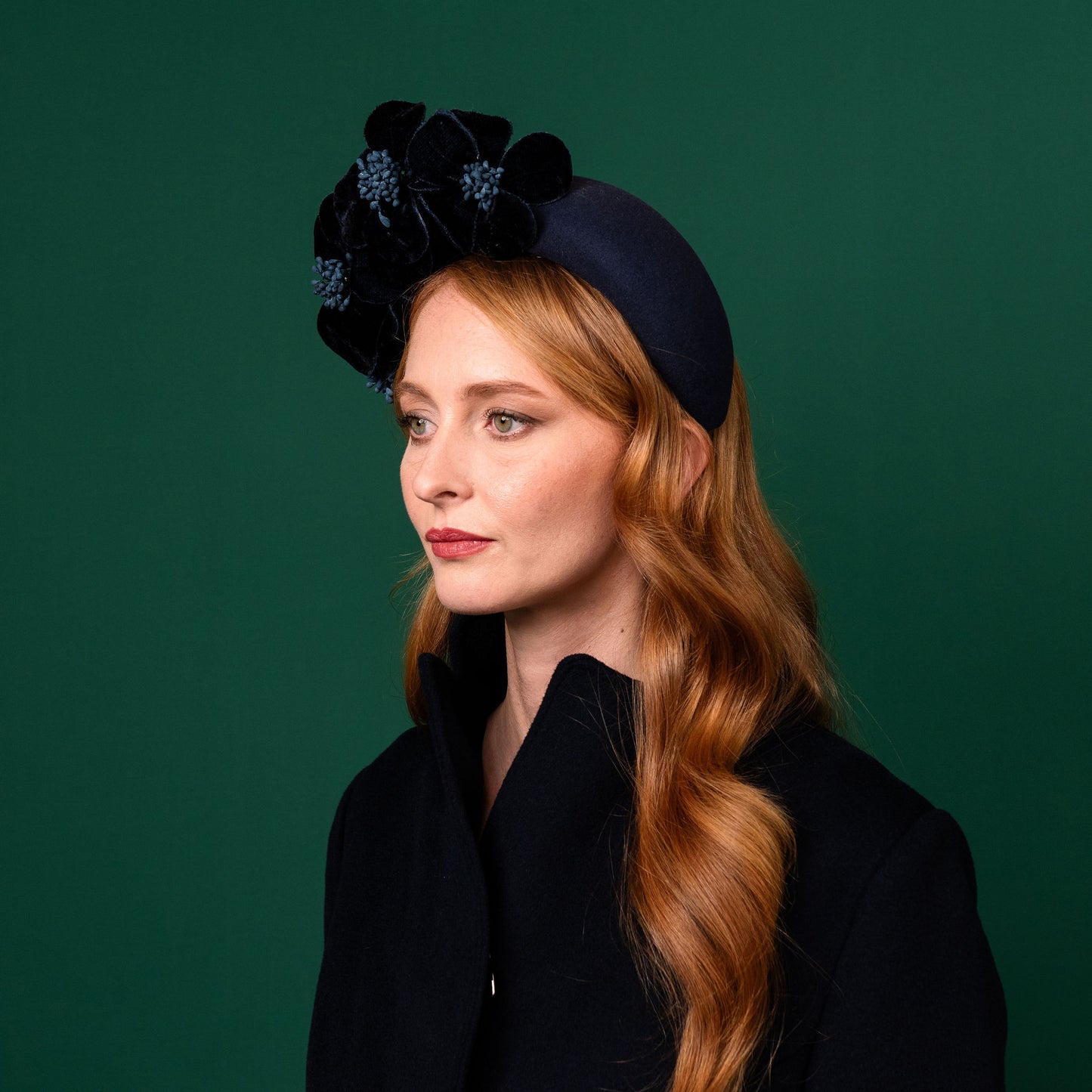 Thrums Navy Felt Headband with Velvet Flowers Winter Racewear Headpiece