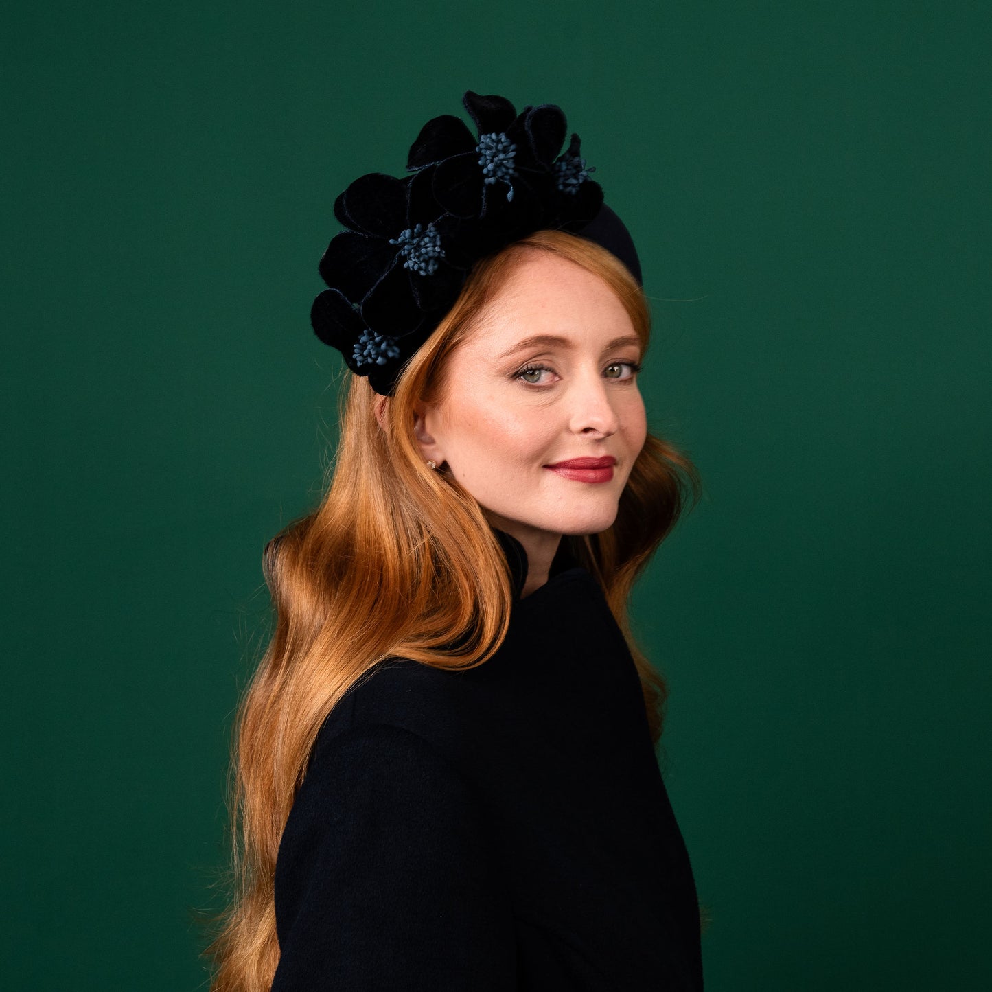 Thrums Navy Felt Headband with Velvet Flowers Winter Racewear Headpiece