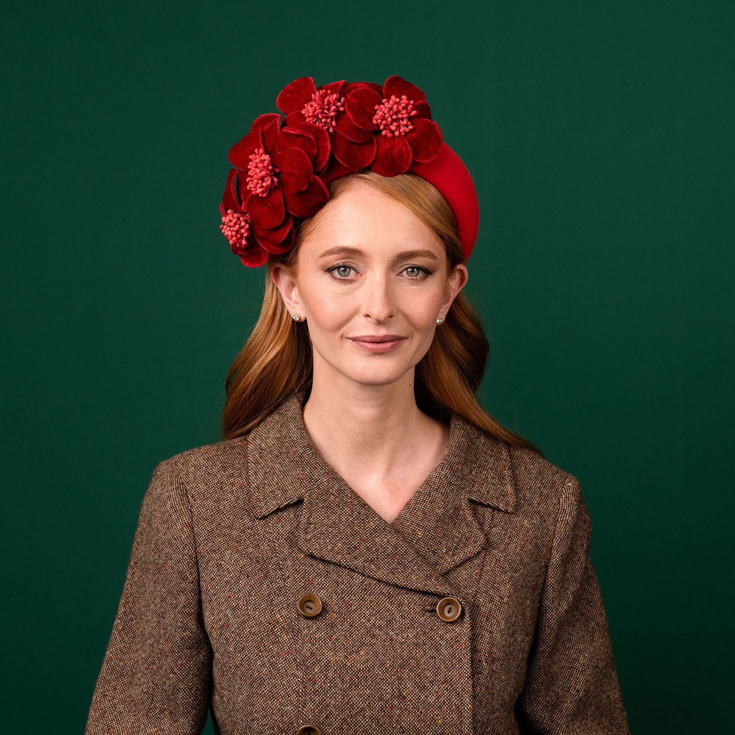Thrums Red Felt Headband with Velvet Flowers Winter Racewear Headpiece