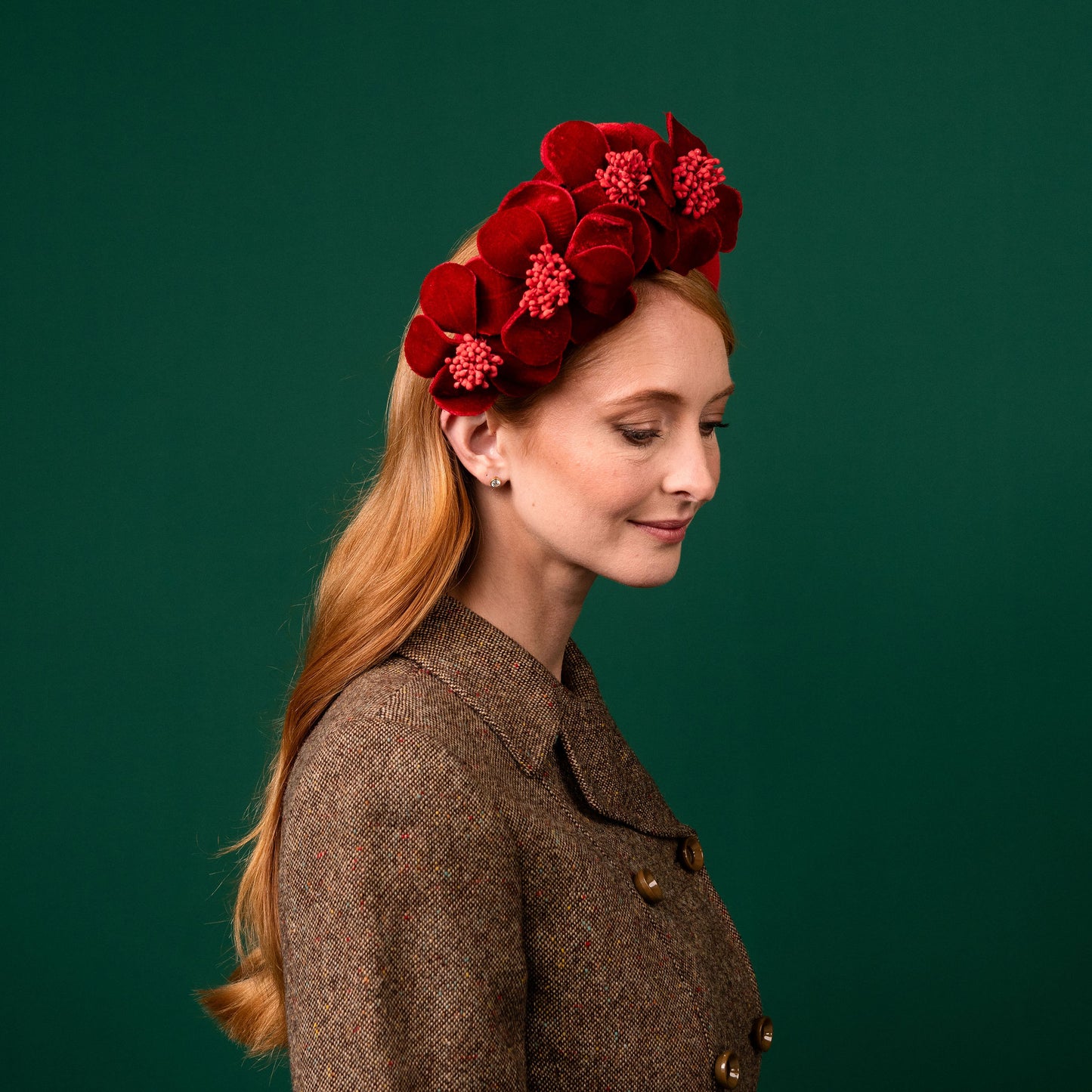 Thrums Red Felt Headband with Velvet Flowers Winter Racewear Headpiece