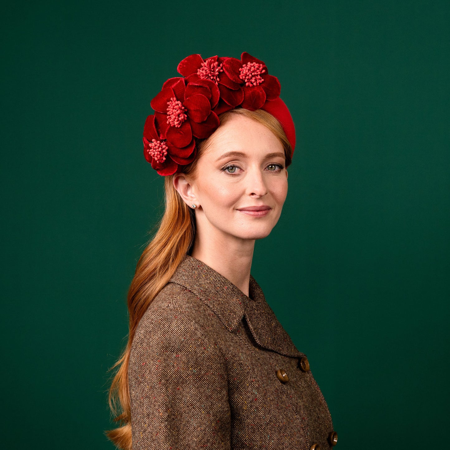 Thrums Red Felt Headband with Velvet Flowers Winter Racewear Headpiece