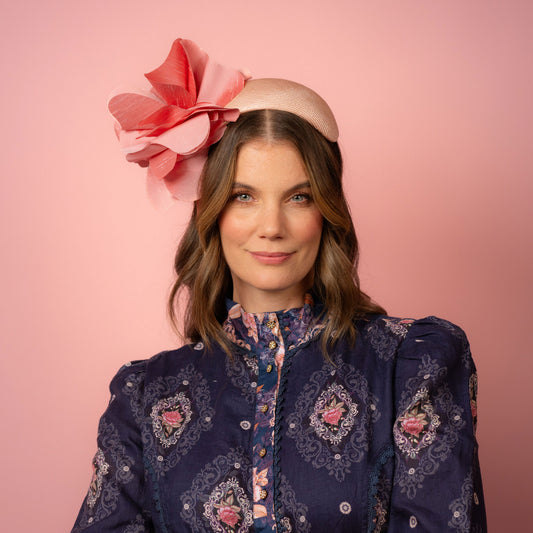 Victoria Headband with Silk Poppy Flowers in Pink Spring Racing Headpiece