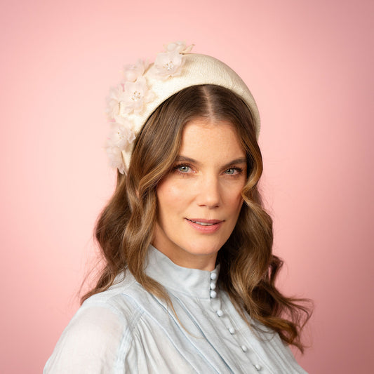 Violet flat band in cream straw with beaded flowers Spring Racing Headpiece