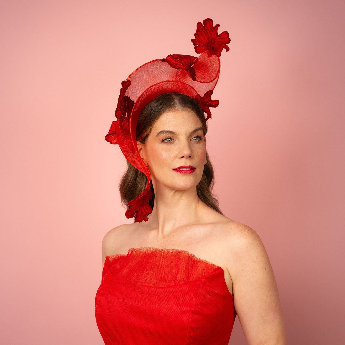 Zoya shaped crinoline shape with lace in red Spring Racewear Headpiece