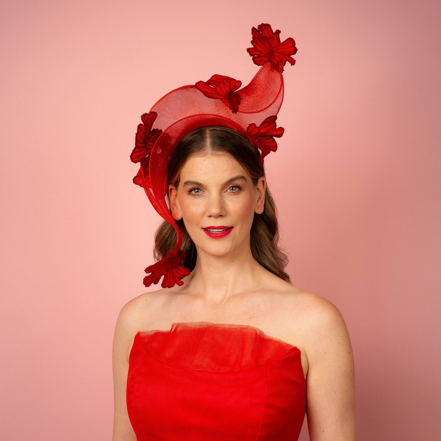 Zoya shaped crinoline shape with lace in red Spring Racewear Headpiece