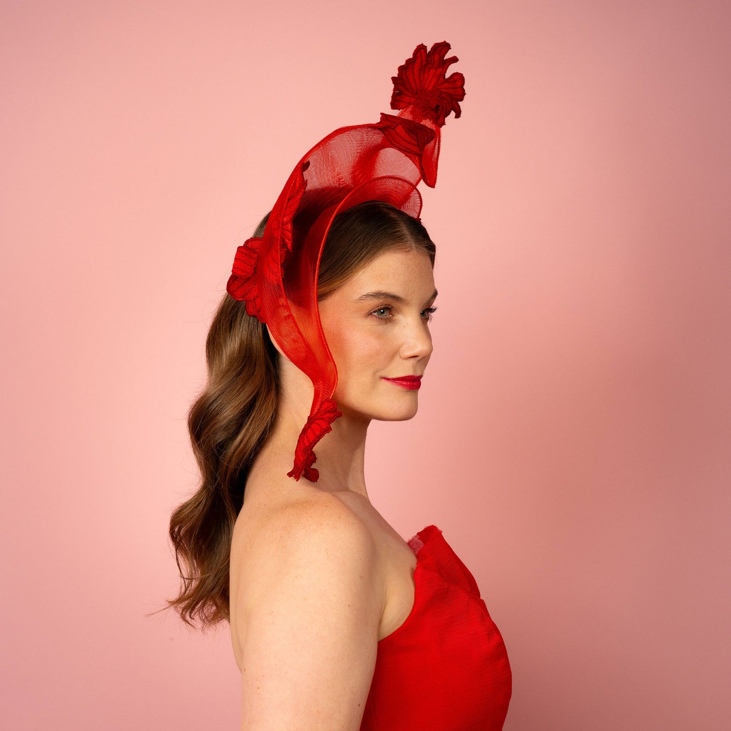 Zoya shaped crinoline shape with lace in red Spring Racewear Headpiece