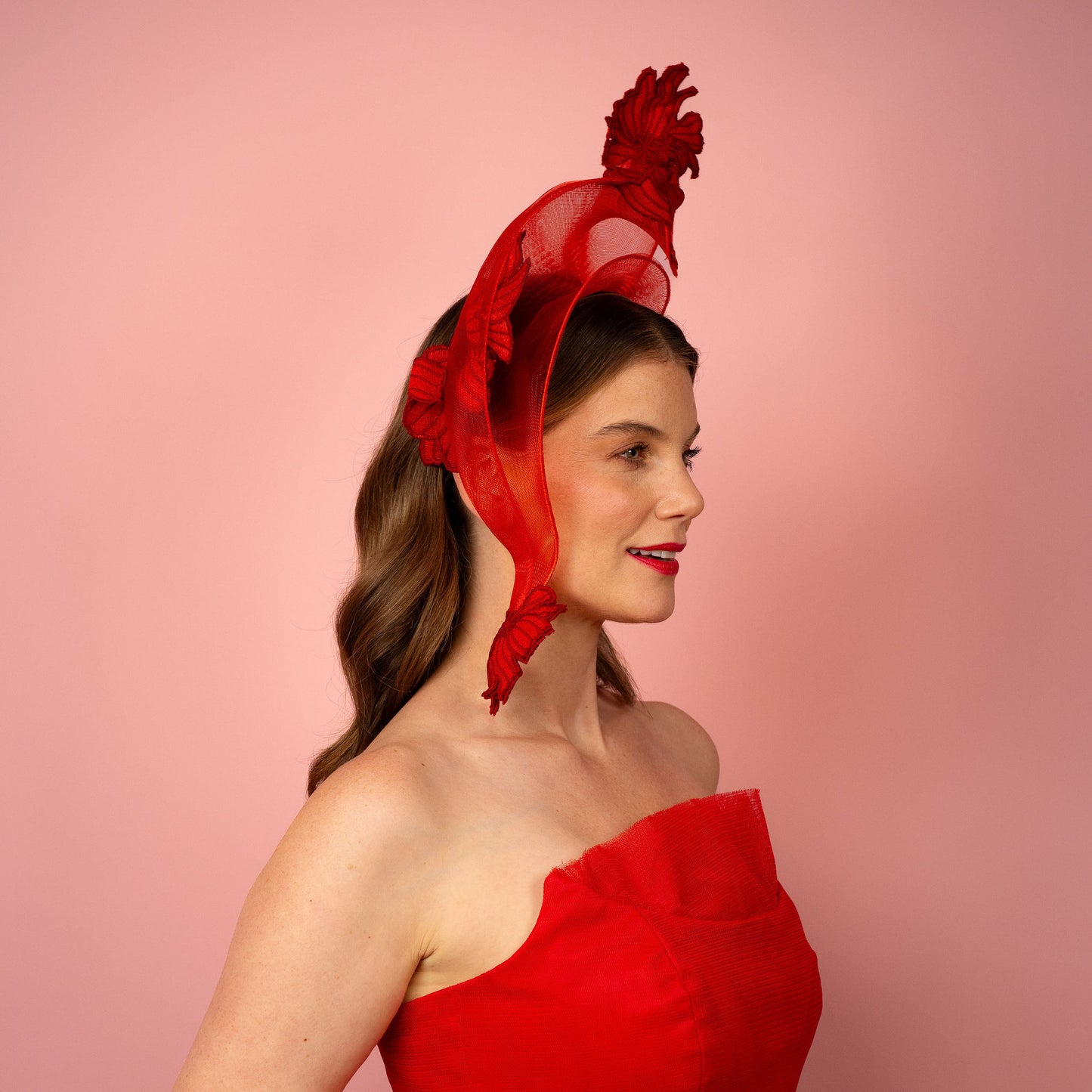 Zoya shaped crinoline shape with lace in red Spring Racewear Headpiece