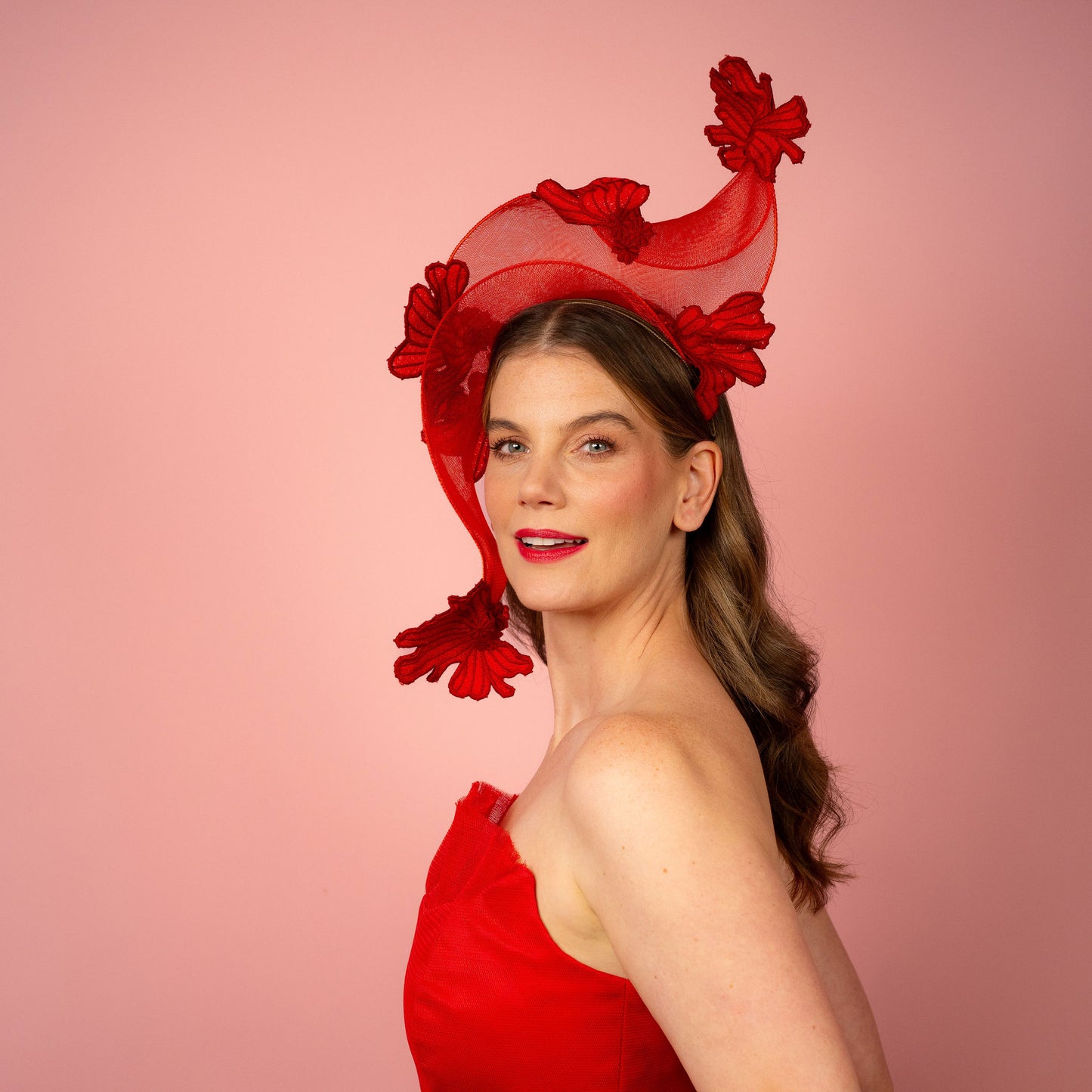 Zoya shaped crinoline shape with lace in red Spring Racewear Headpiece
