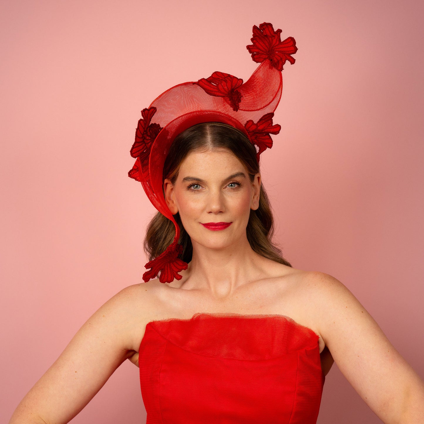 Zoya shaped crinoline shape with lace in red Spring Racewear Headpiece