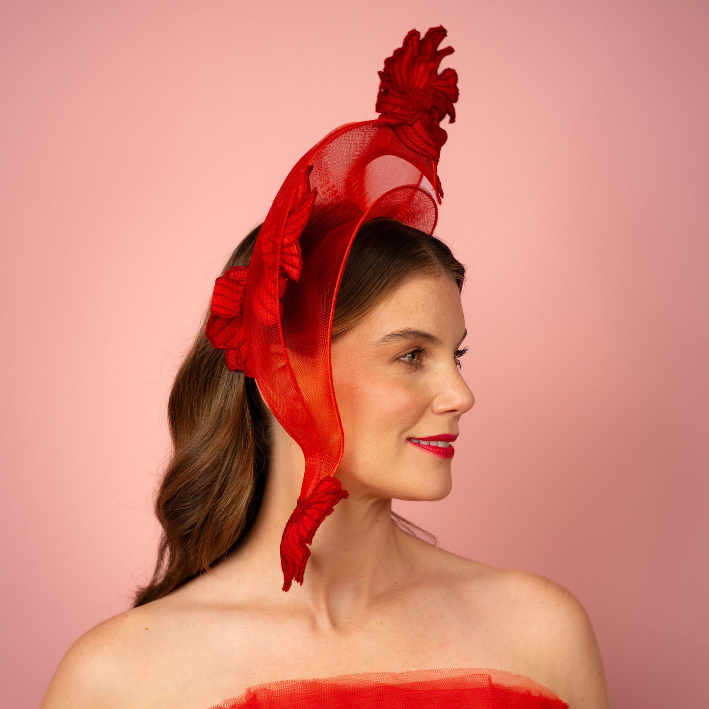 Zoya shaped crinoline shape with lace in red Spring Racewear Headpiece