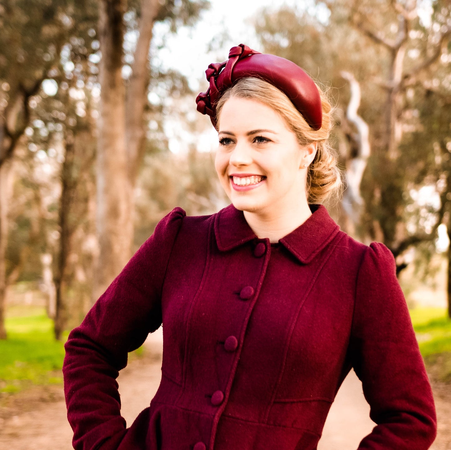 Chisholm Headband in Leather with knot trim in Maroon
