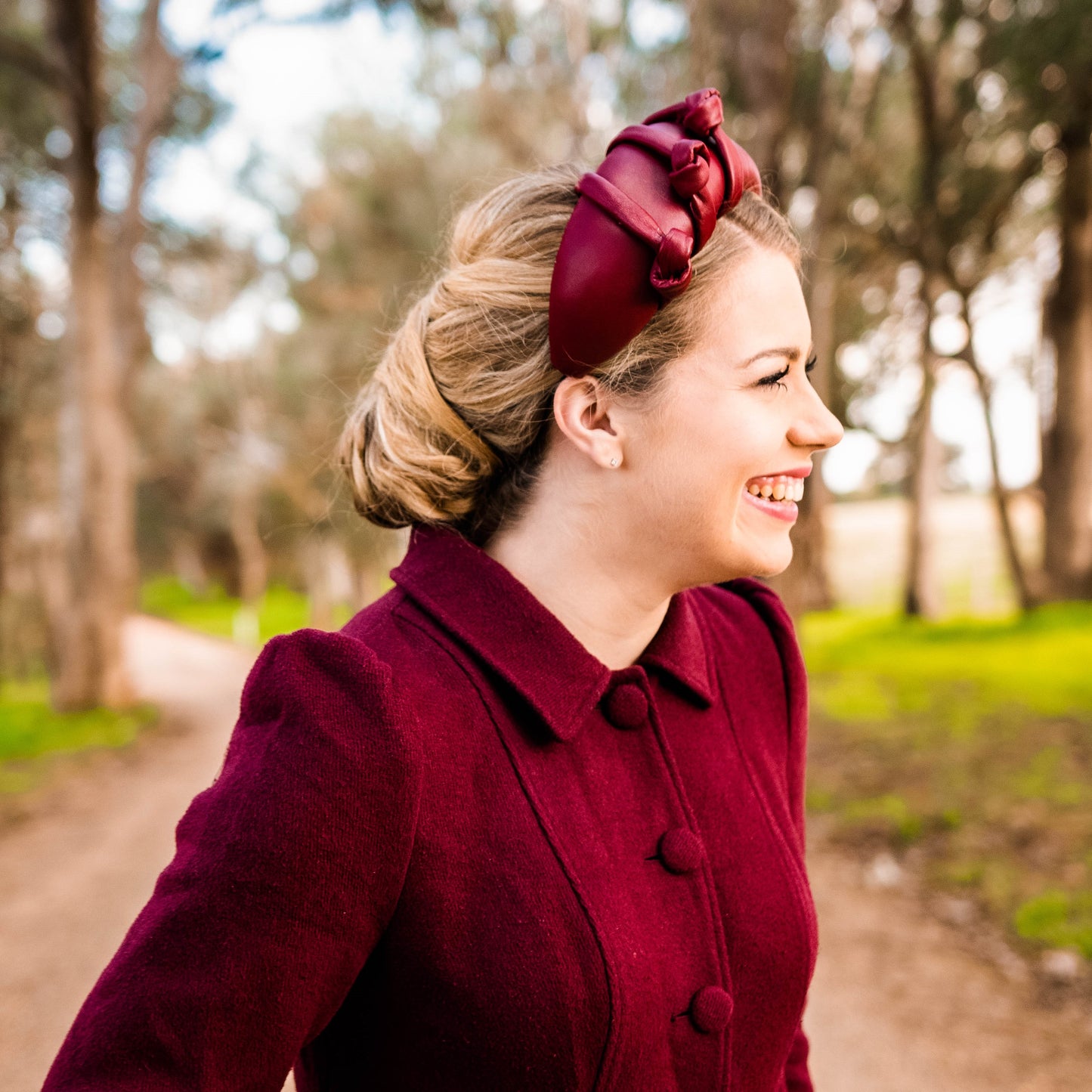 Chisholm Headband in Leather with knot trim in Maroon