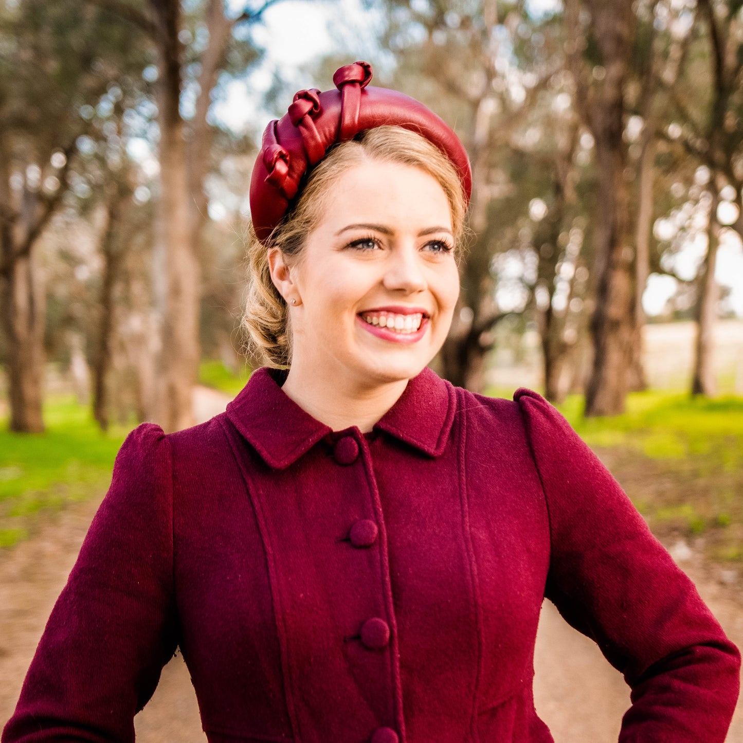 Chisholm Headband in Leather with knot trim in Maroon