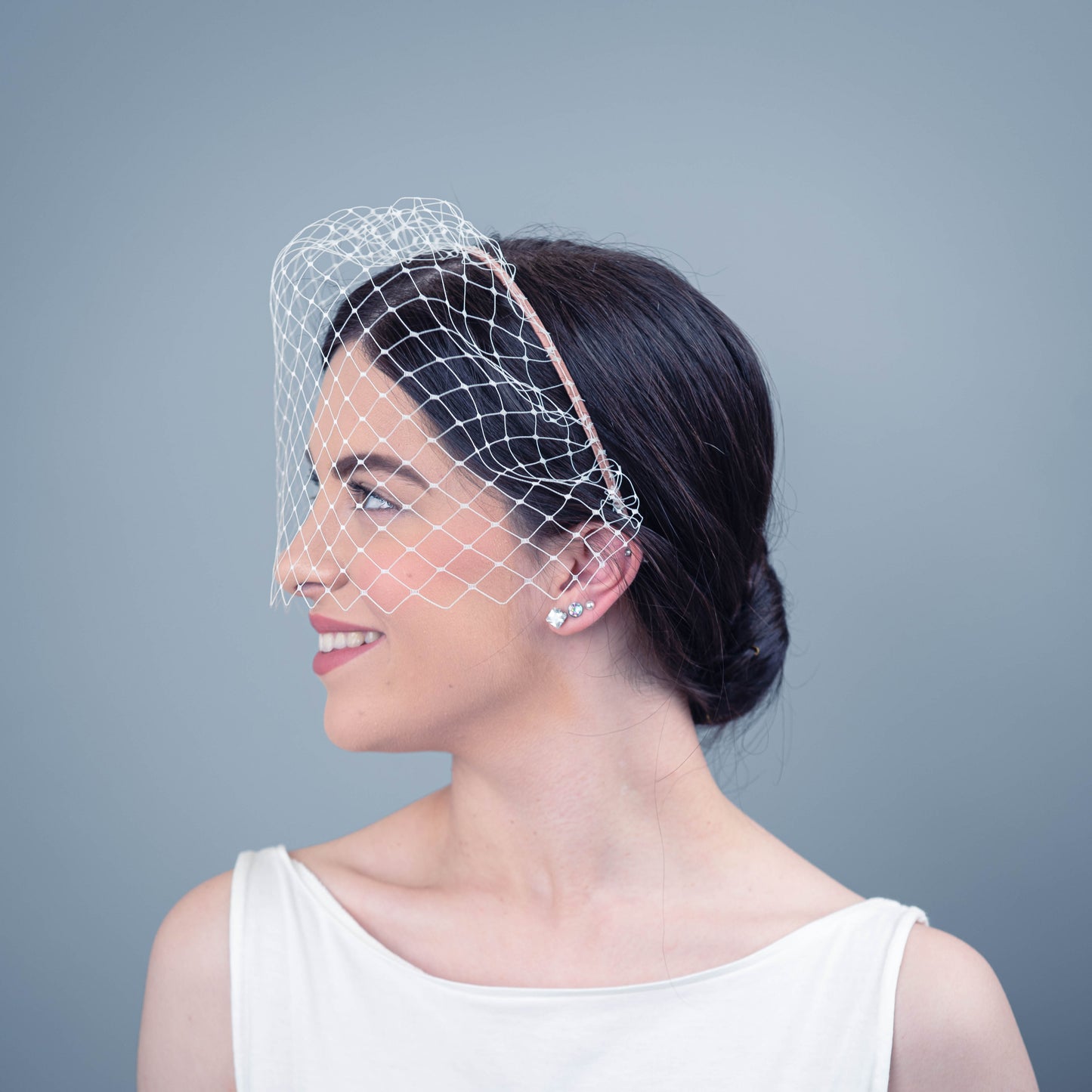 All of Me bridal birdcage veil on headband in ivory veiling