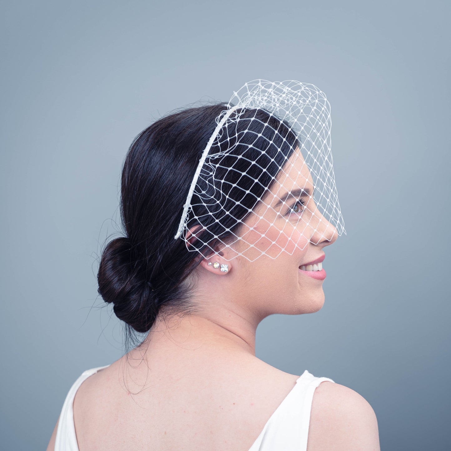 All of Me bridal birdcage veil on headband in white veiling
