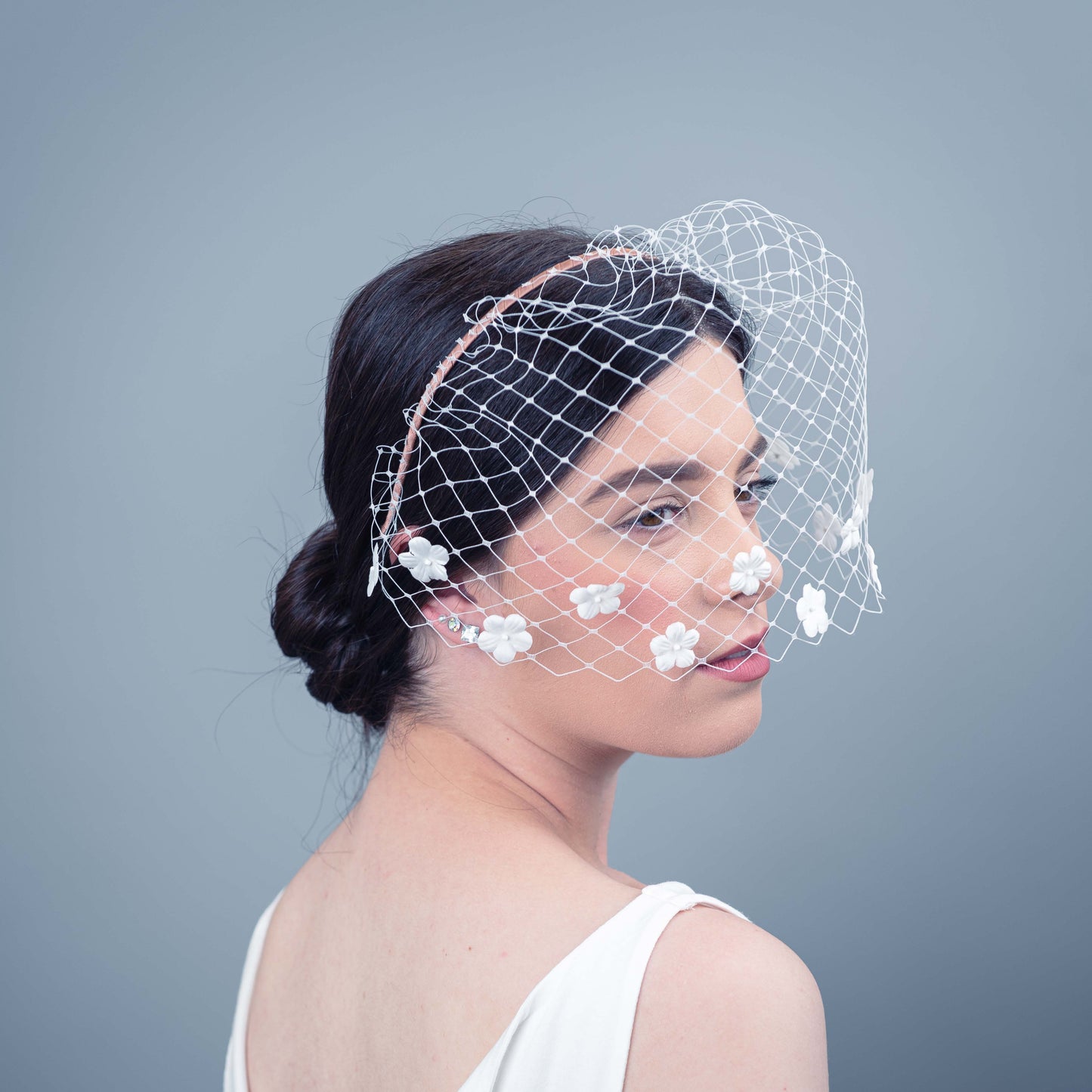 All of Me bridal birdcage veil on headband with silk flowers