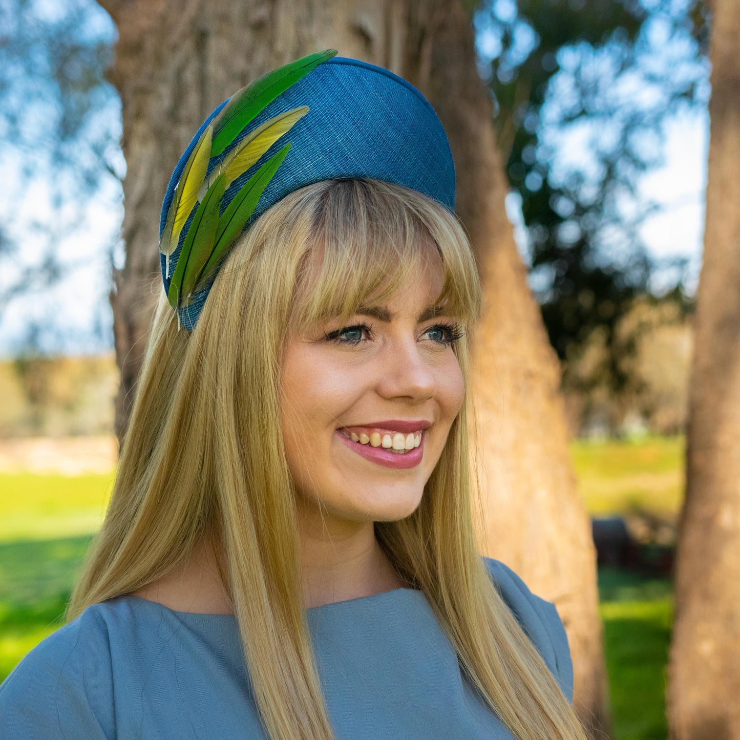 Aves Halo with feather trim in blue
