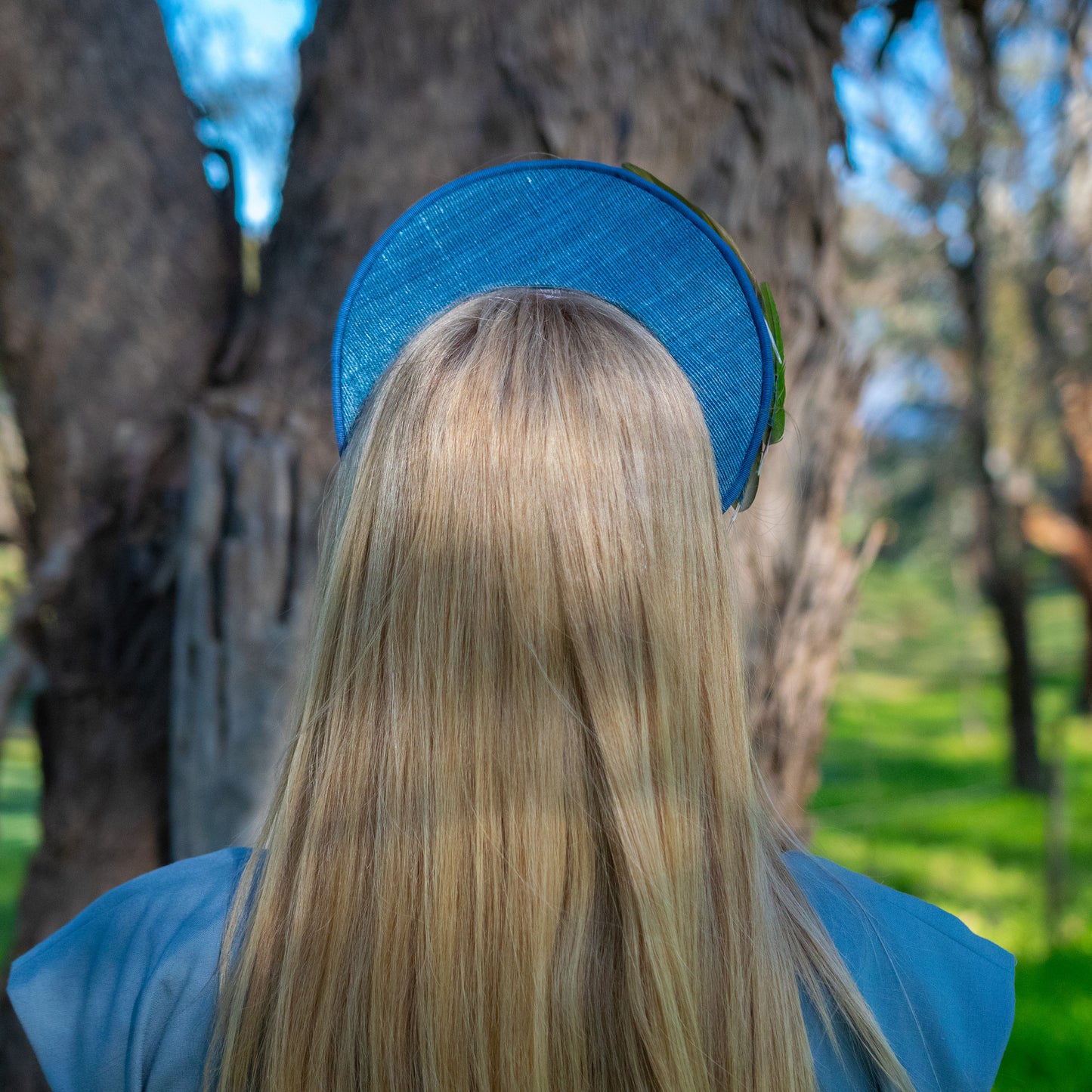Aves Halo with feather trim in blue