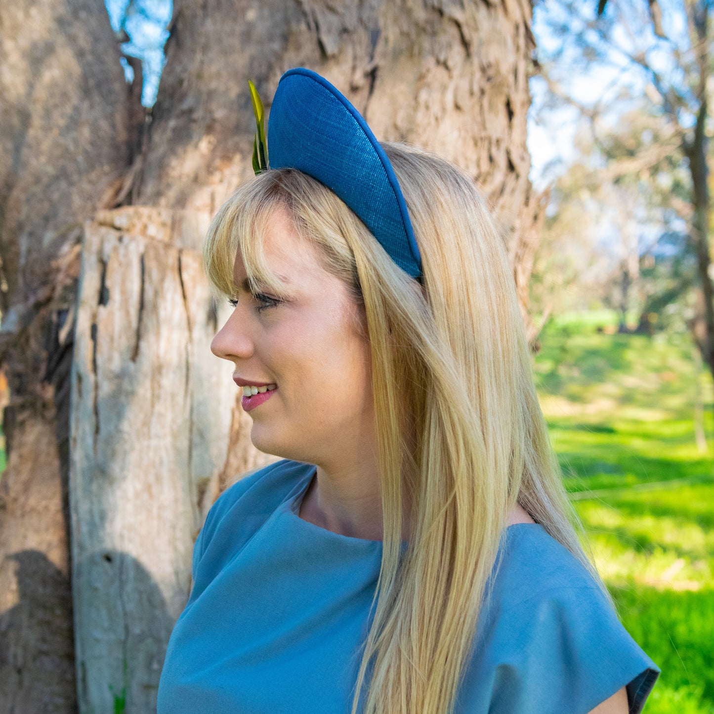 Aves Halo with feather trim in blue