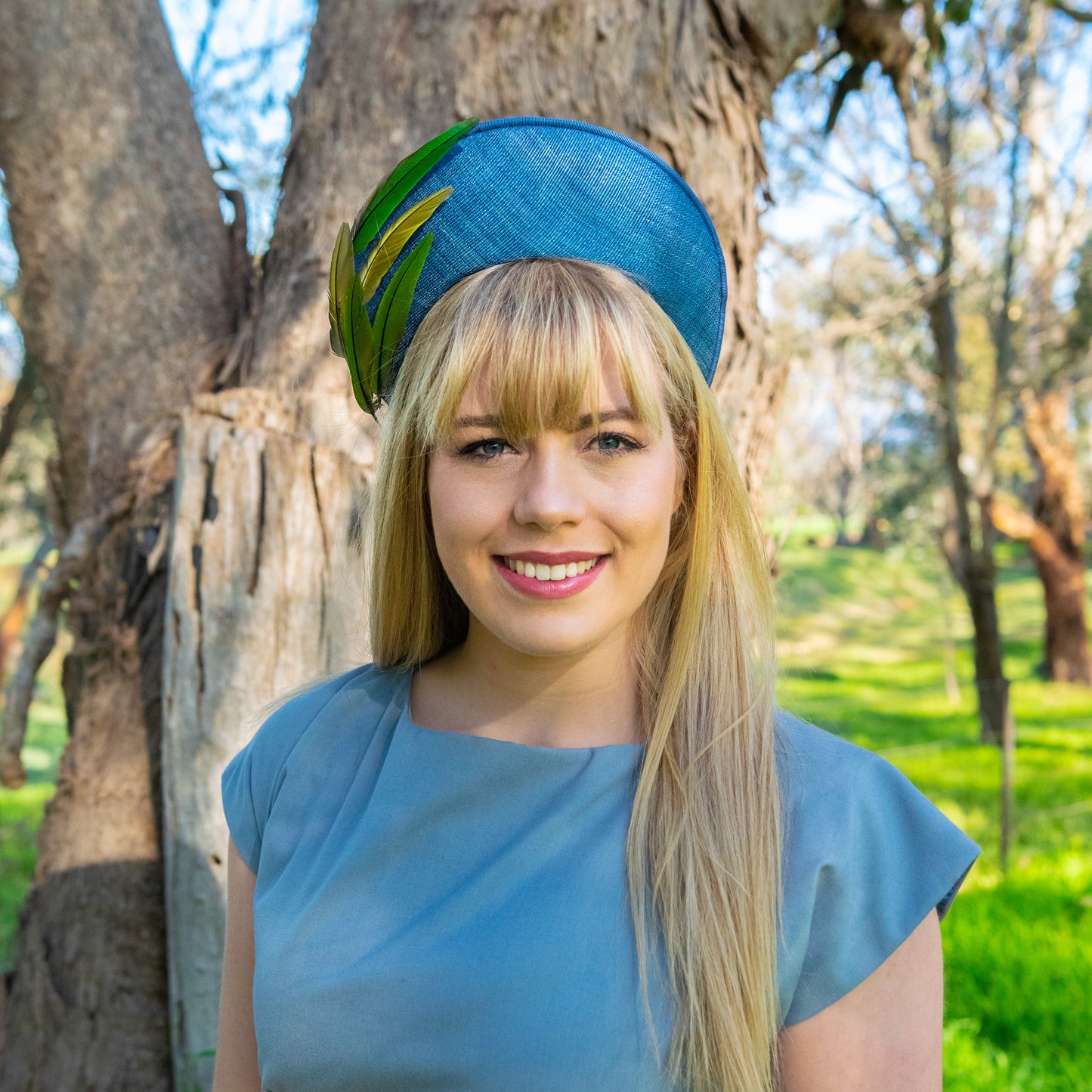Aves Halo with feather trim in blue