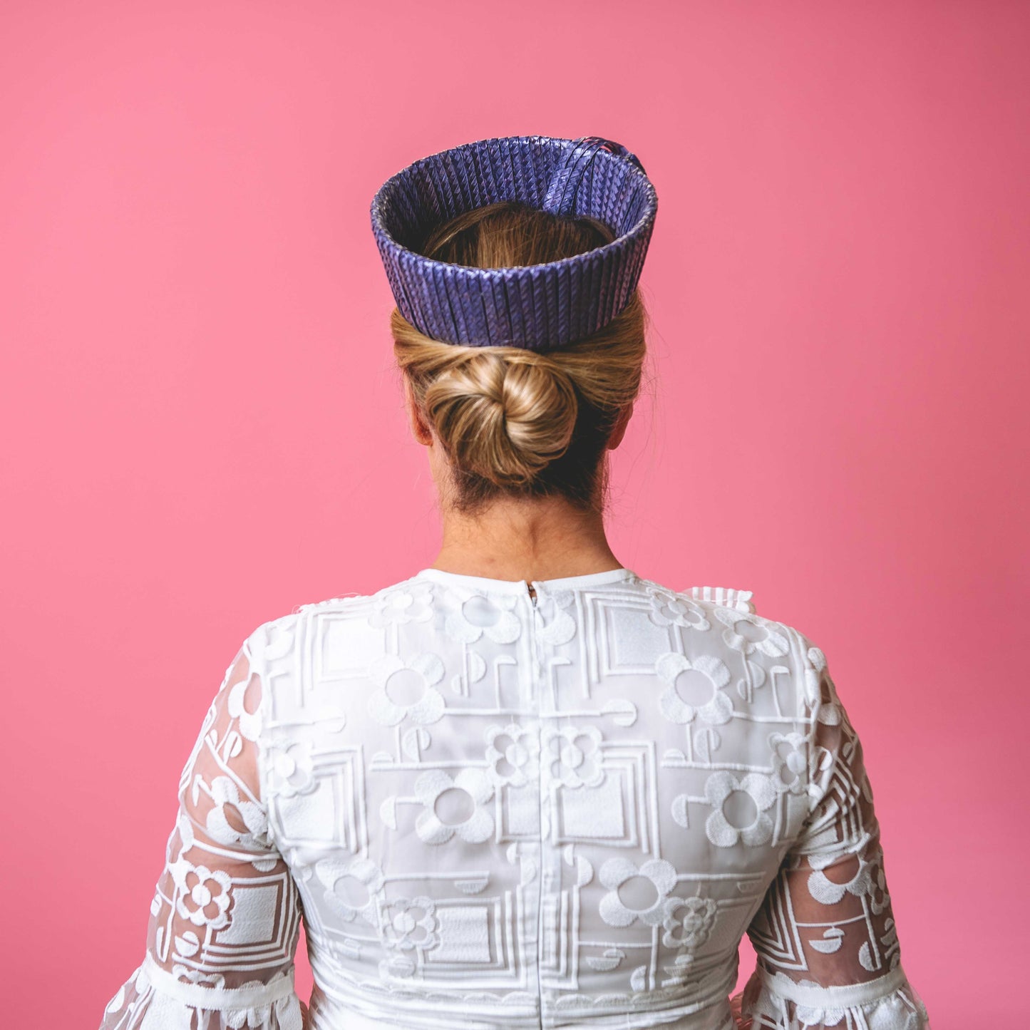 Betty Pillbox with knot trim in purple straw braid
