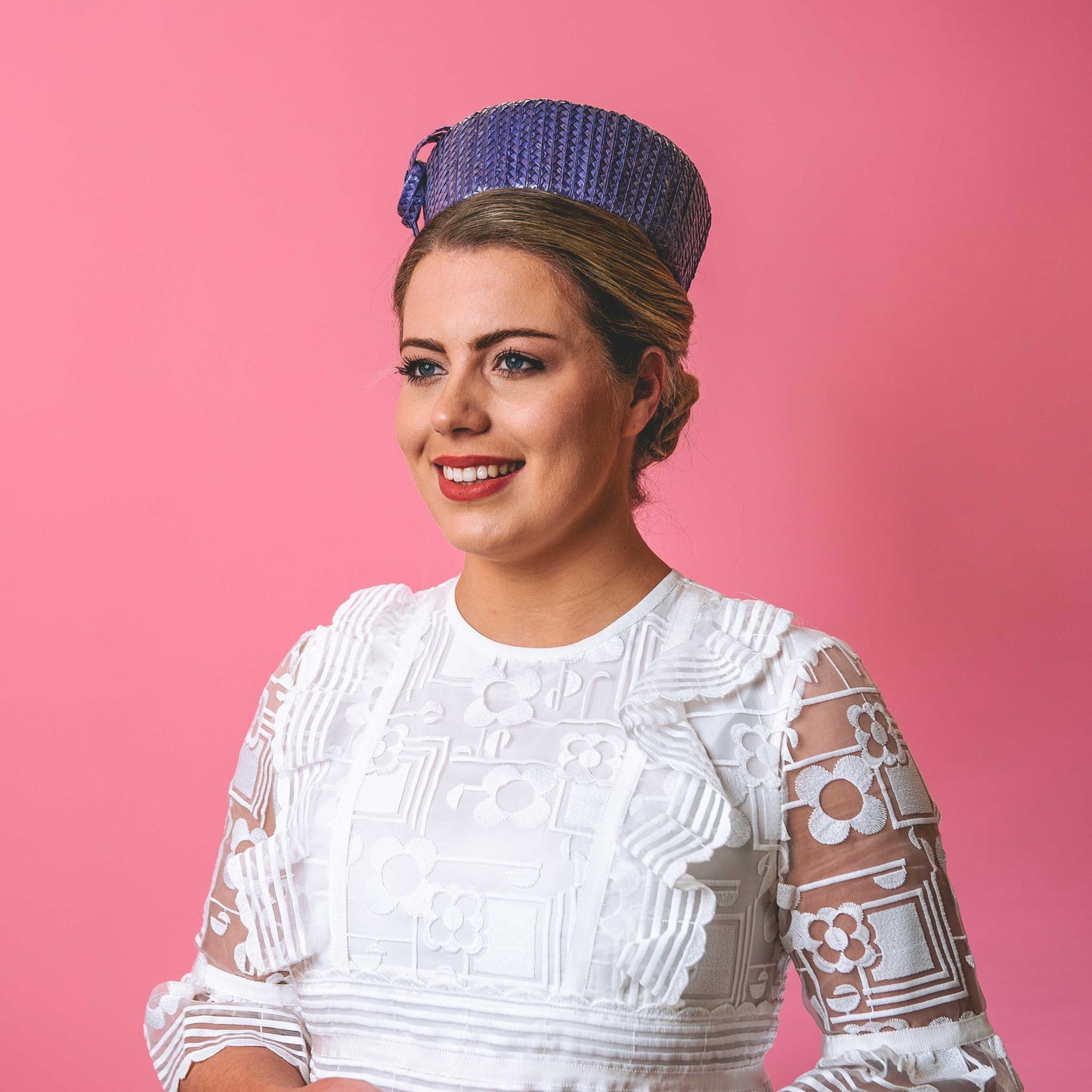 Betty Pillbox with knot trim in purple straw braid