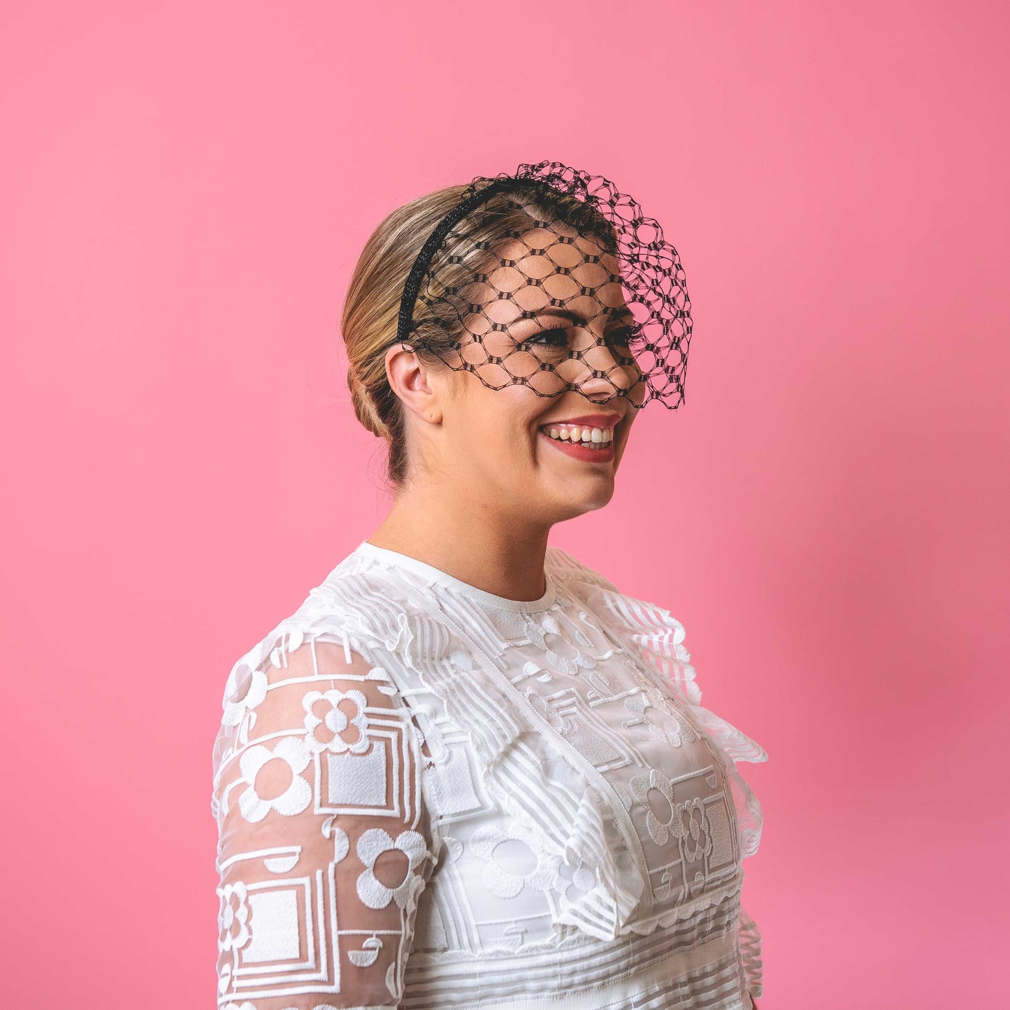 Gertie birdcage veil on headband