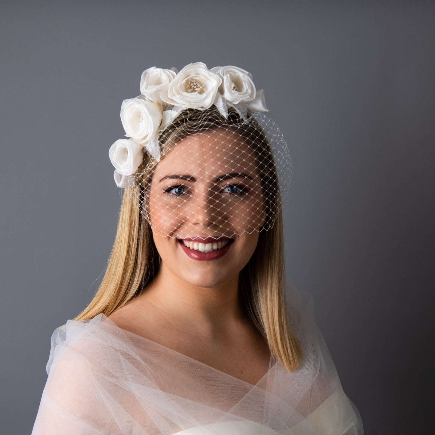 Happily Ever After Bridal birdcage veil with silk flowers on headband