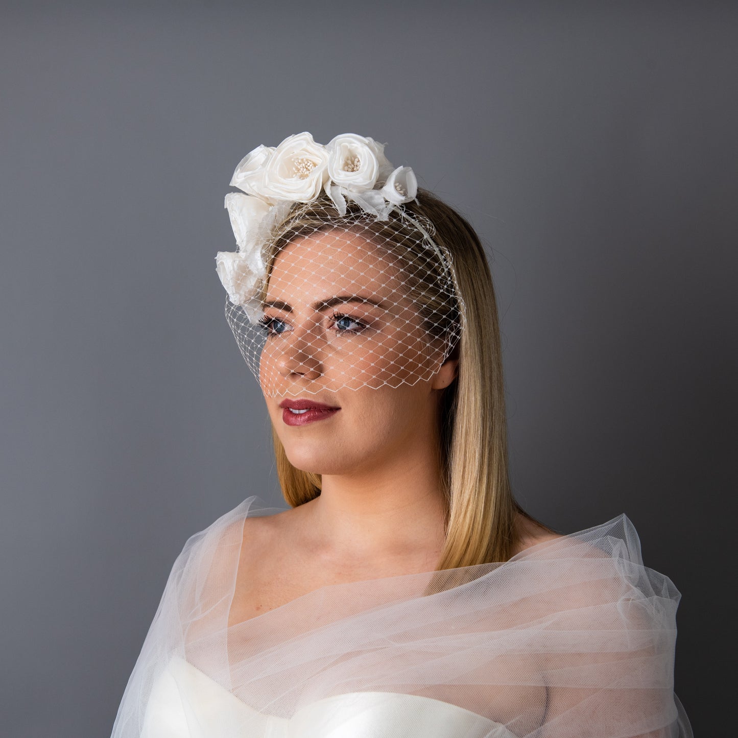 Happily Ever After Bridal birdcage veil with silk flowers on headband