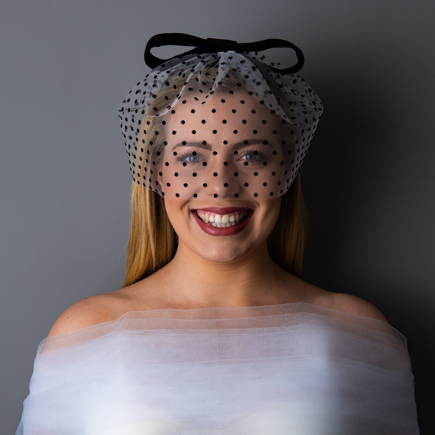 No Other Love Black and White Polka Dot Veil with Black Velvet Bow