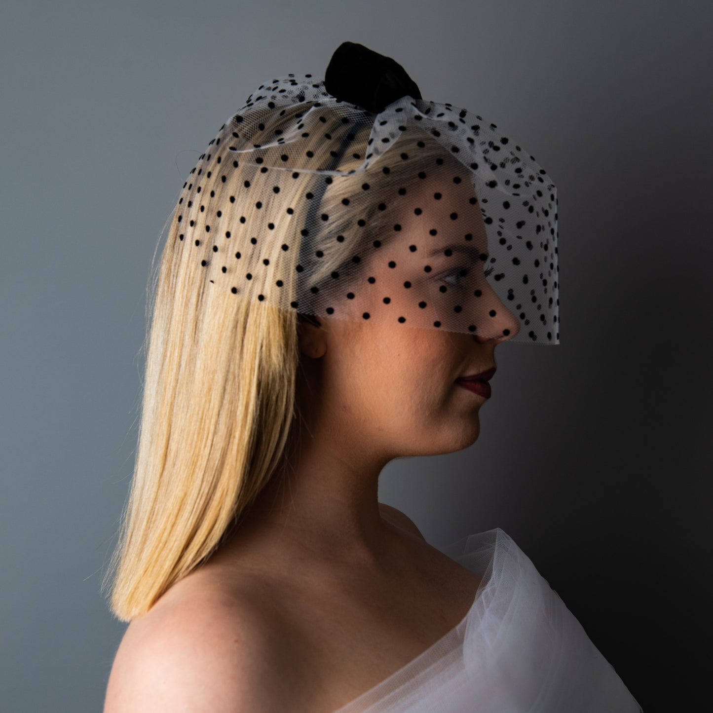 No Other Love Black and White Polka Dot Veil with Black Velvet Bow