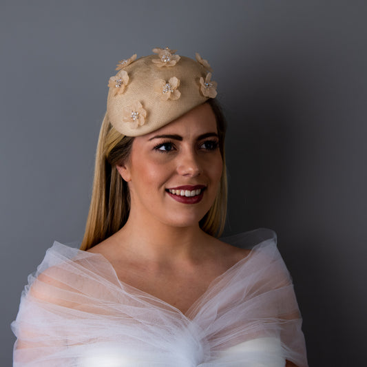 Always and Forever gold beret with floral beaded trim