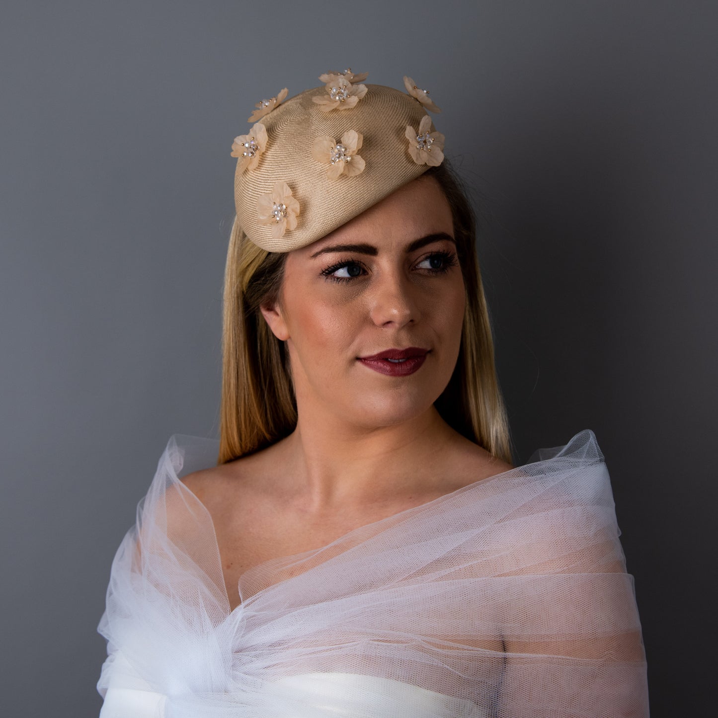 Always and Forever gold beret with floral beaded trim