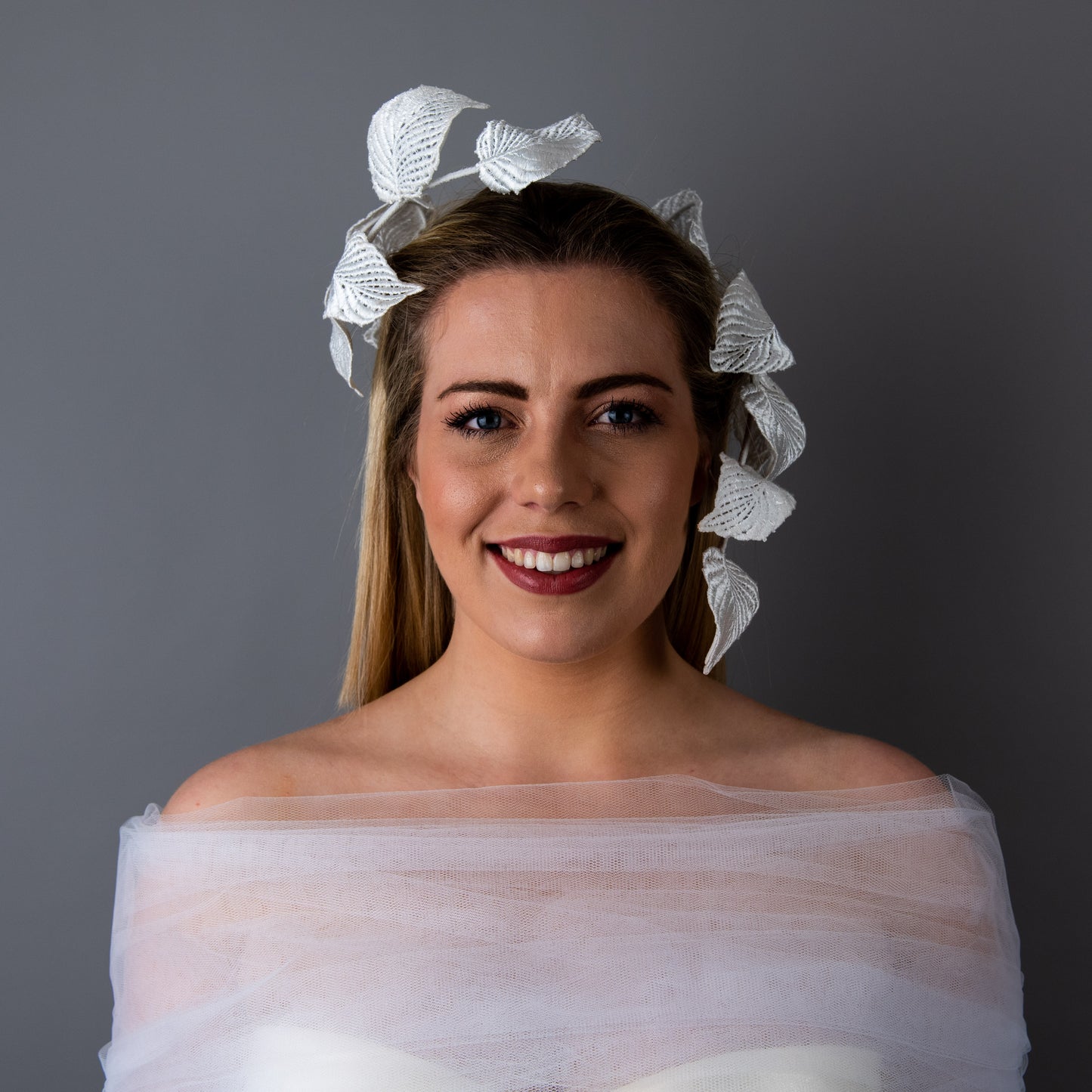 Time After Time floating white lace leaf headpiece