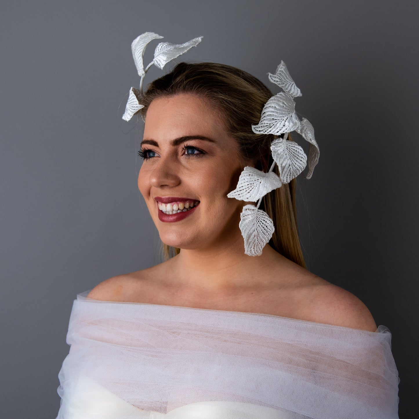 Time After Time floating white lace leaf headpiece